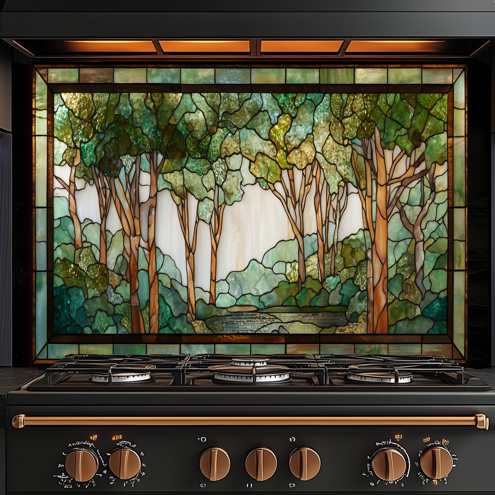 Stained Glass Look Forest Backsplash, Woodland Tree Scene Printed on Tempered Glass, Nature Inspired Kitchen Wall Art Panel
