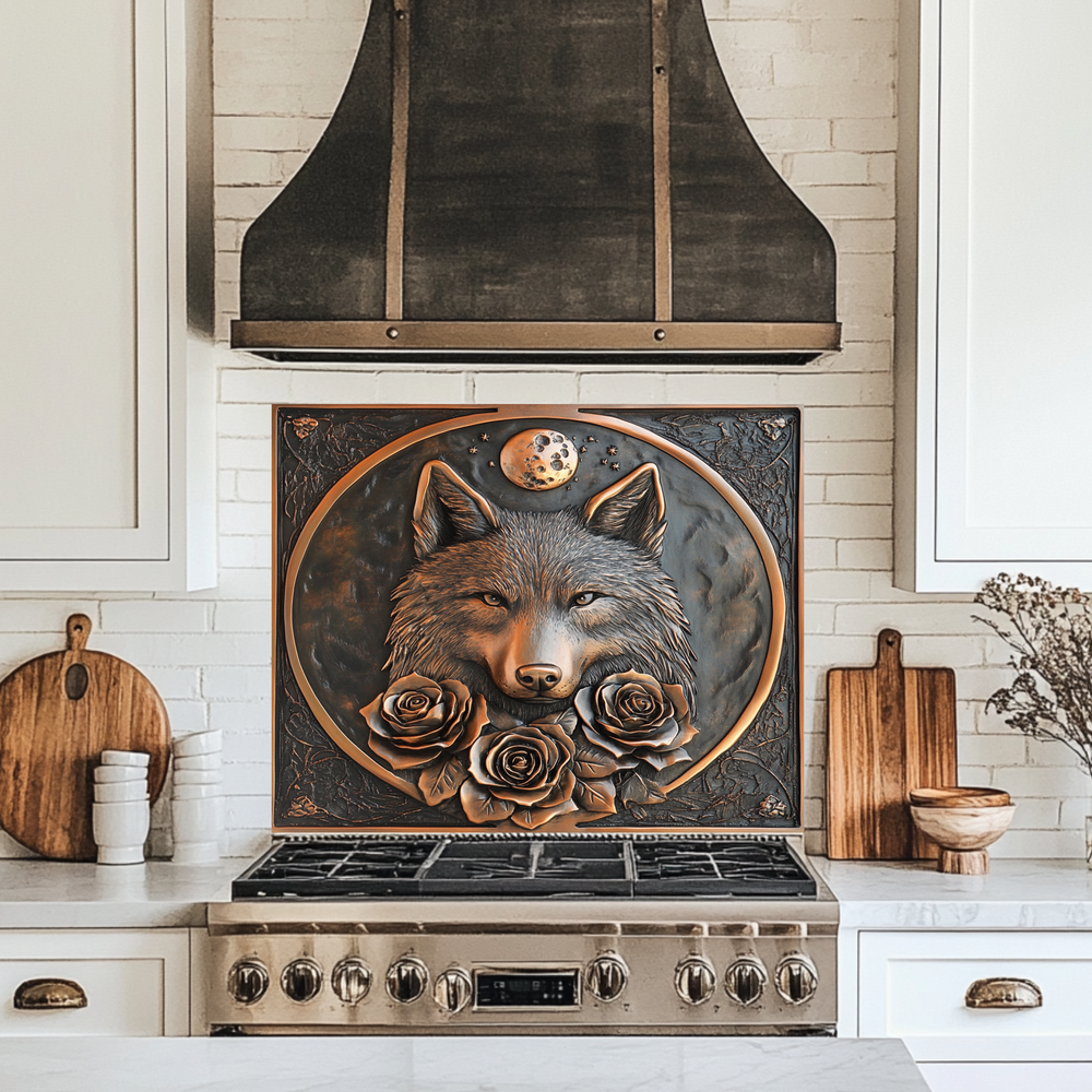 Copper Look Wolf and Roses Glass Backsplash Panel, Tempered Glass Wall Art, Rustic Kitchen Decor, Floral Wolf Design, Modern Stove Protector