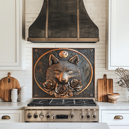 Copper Look Wolf and Roses Glass Backsplash Panel, Tempered Glass Wall Art, Rustic Kitchen Decor, Floral Wolf Design, Modern Stove Protector