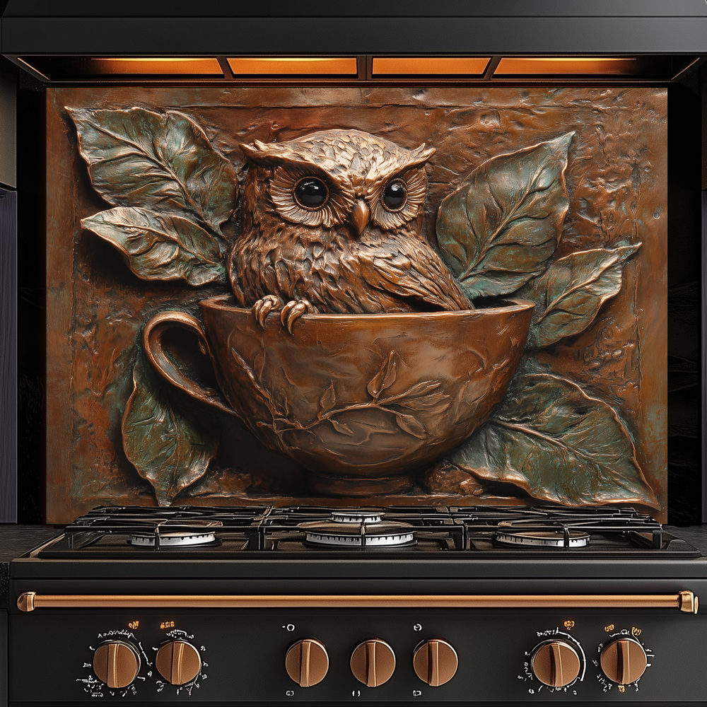 Rustic Owl Copper Look Glass Backsplash Panel, Embossed Style Owl Print on Tempered Glass Wall Art, Artistic Kitchen Splashback