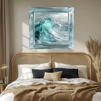 Ocean Wave Framed Look One Piece Tempered Glass Kitchen Backsplash for Stove Behind, Kitchen Splashback, Glass Wall Art