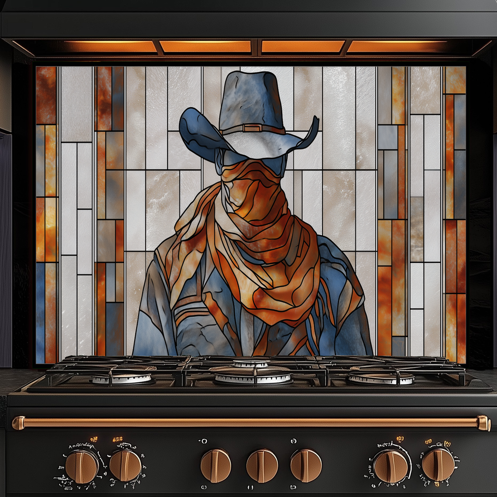Stained Glass Style Western Cowboy Glass Backsplash Panel, UV Printed Tempered Kitchen Wall Art, Rustic Western Home Decor