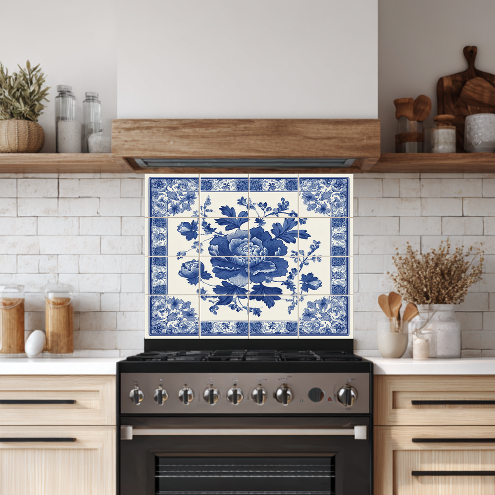 Floral Delft Blue Glass Backsplash, Blue White Dutch Style Wall Art, Custom Printed Glass Panel, Made in USA