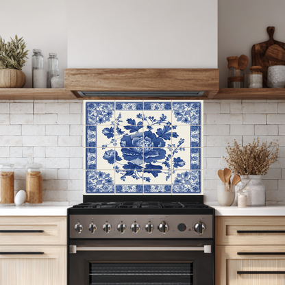 Floral Delft Blue Glass Backsplash, Blue White Dutch Style Wall Art, Custom Printed Glass Panel, Made in USA