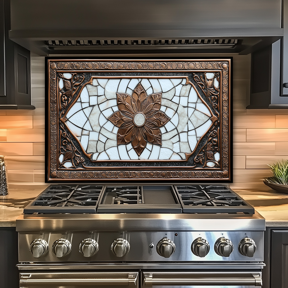 Copper Ottoman Tile Pattern Printed Tempered Glass Kitchen Splashback Backsplash Decorative Wall Panel for Stove Behind and Interior Decor