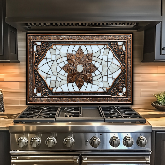 Copper Ottoman Tile Pattern Printed Tempered Glass Kitchen Splashback Backsplash Decorative Wall Panel for Stove Behind and Interior Decor
