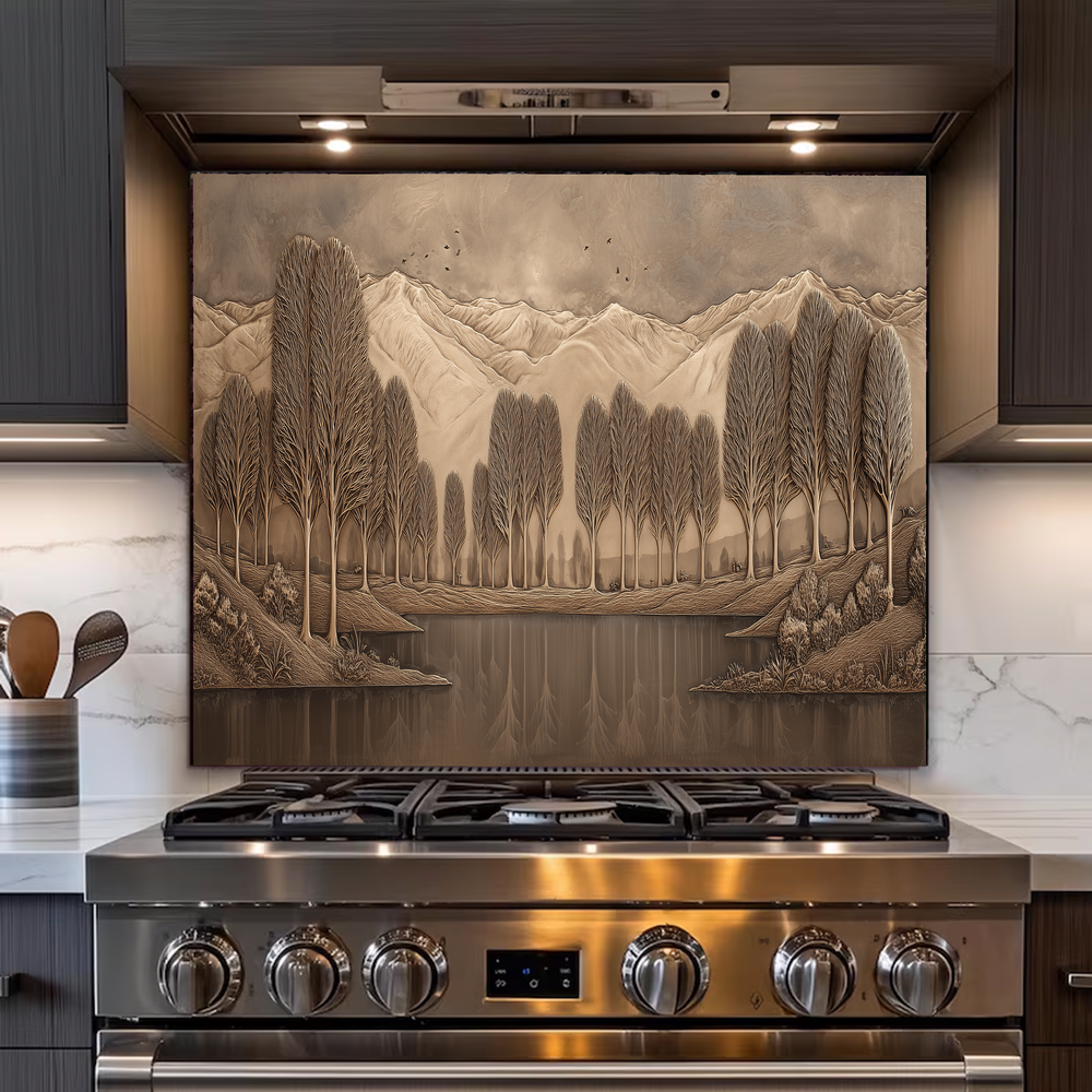 Copper Look Nature Landscape Glass Backsplash • Rustic Wall Art Panel • Mountain River Home Decor • Earthy Decorative Piece