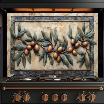 Copper Look Olive Branches One Piece Tempered Glass Kitchen Splashback For Stove Behind, Kitchen Backsplash, Wall Art