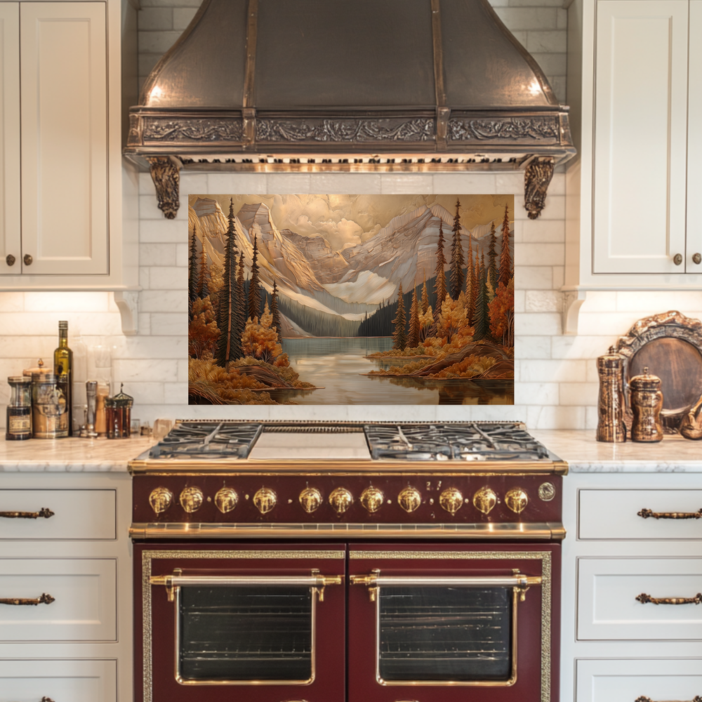 Handmade in USA Pine Tree and Mountain Glass Backsplash, Tempered Glass Splashback and Stove Behind Top Cover, Kitchen Sink Cover