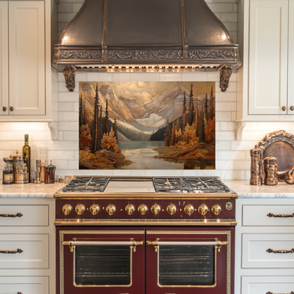 Handmade in USA Pine Tree and Mountain Glass Backsplash, Tempered Glass Splashback and Stove Behind Top Cover, Kitchen Sink Cover