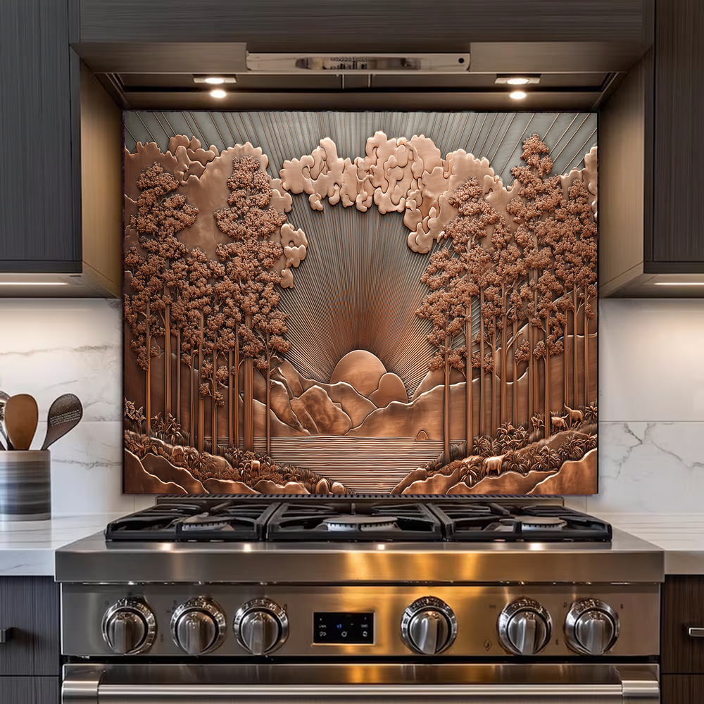 Copper Tone Sun Shine & Glass Tree Landscape Printed Tempered Glass Kitchen Backsplash Splashback or Wall Art Panel