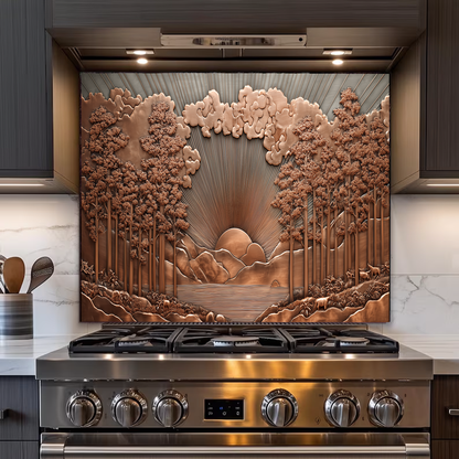 Copper Tone Sun Shine & Glass Tree Landscape Printed Tempered Glass Kitchen Backsplash Splashback or Wall Art Panel
