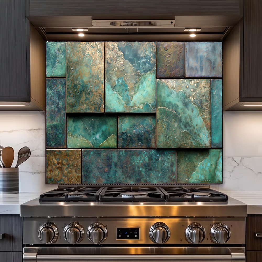 Rustic Copper Tile Glass Backsplash, Antique Style Kitchen Wall Panel, Vintage Farmhouse Glass Tile, Warm Metallic Home Decor