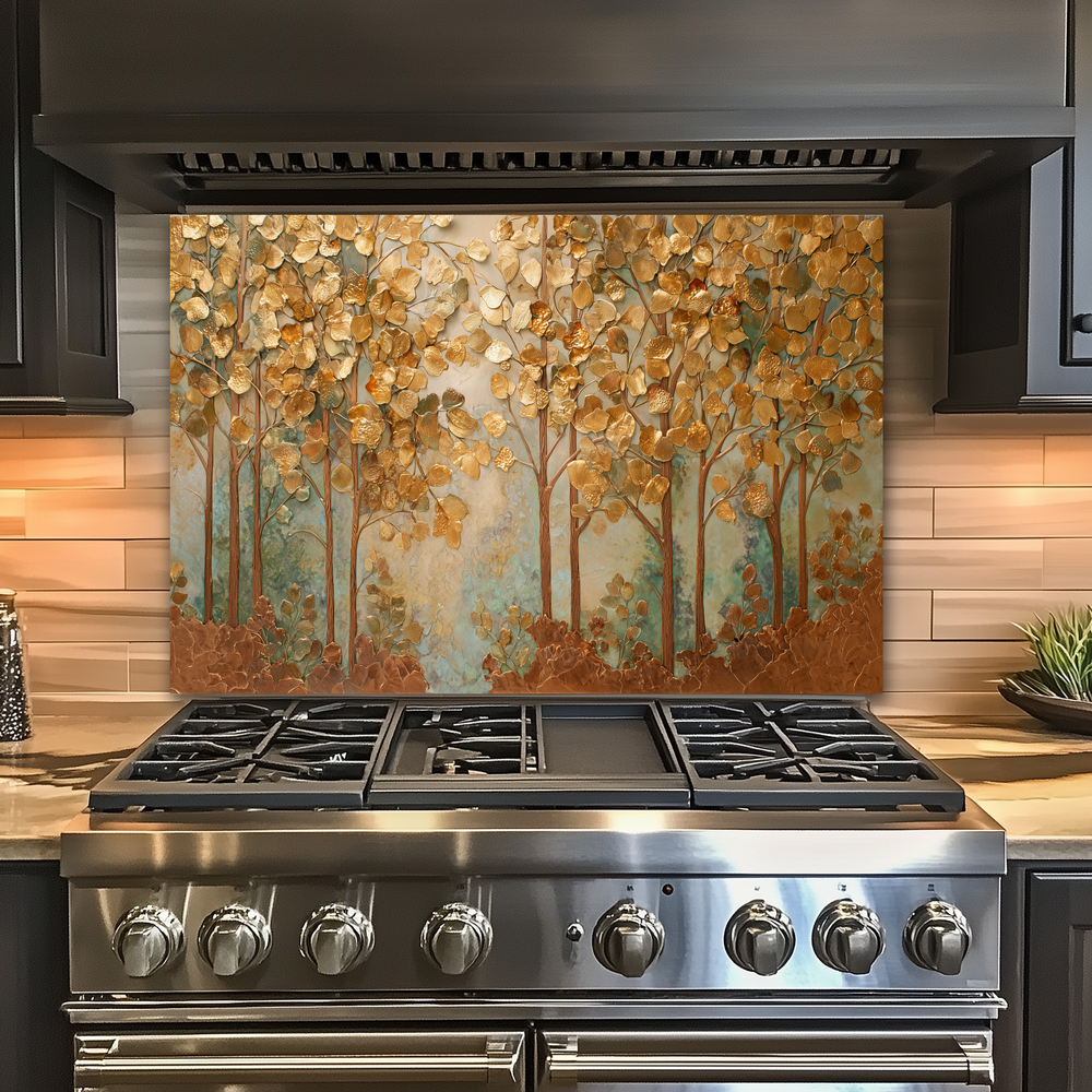 Forest Nature Artwork in Copper Tones Printed Tempered Glass Kitchen Splashback Backsplash Wall Panel for Modern Rustic Decor