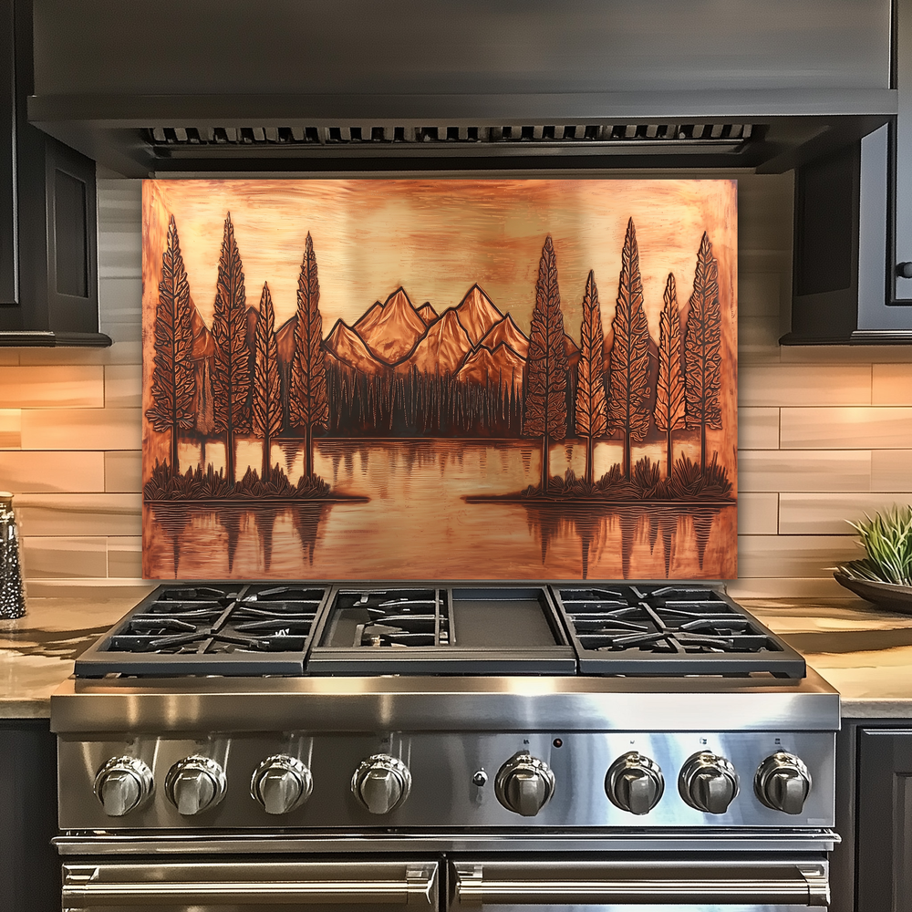 Copper Tone Mountain & Glass Tree Landscape Printed Tempered Glass Kitchen Backsplash Splashback or Wall Art Panel