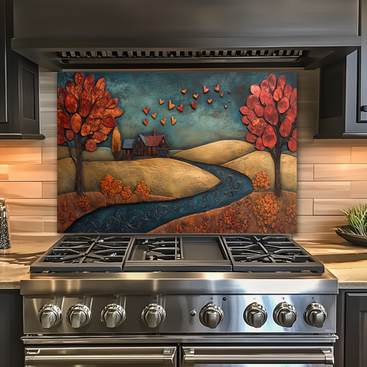 Romantic House Landscape with Hearts Printed Tempered Glass Kitchen Backsplash Splashback or Wall Art Panel for Cozy Home Decor