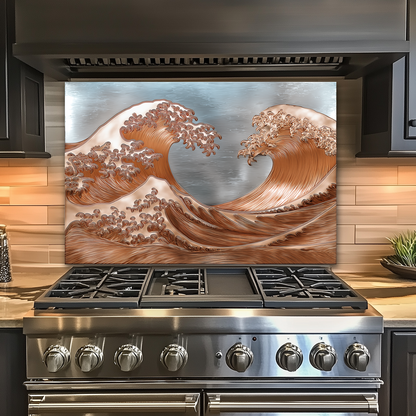 Copper Look Ocean Wave Glass Backsplash • Coastal Wall Art Panel • Artistic Blue Water Kitchen Decor • Textured Inspired Ocean Tile