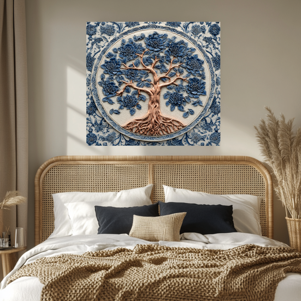 Delft Blue Tree of Life Kitchen Glass Backsplash • Stove Behind Cover • Nature Inspired Kitchen Splashback Panel • Colorful Home Decor