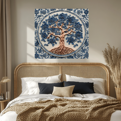 Delft Blue Tree of Life Kitchen Glass Backsplash • Stove Behind Cover • Nature Inspired Kitchen Splashback Panel • Colorful Home Decor