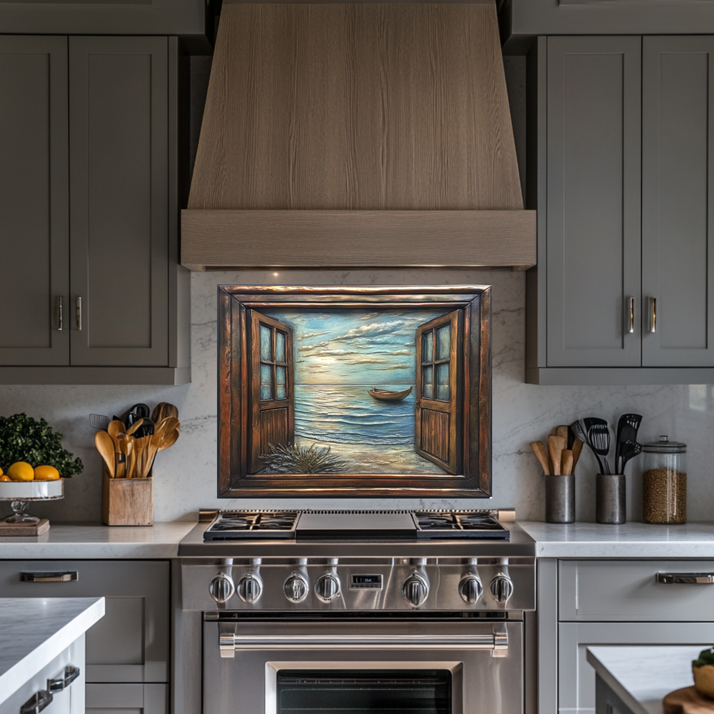 Wooden Window Prints One Piece Tempered Glass Kitchen Splashback For Stove Behind, Kitchen Backsplash, Wall Art