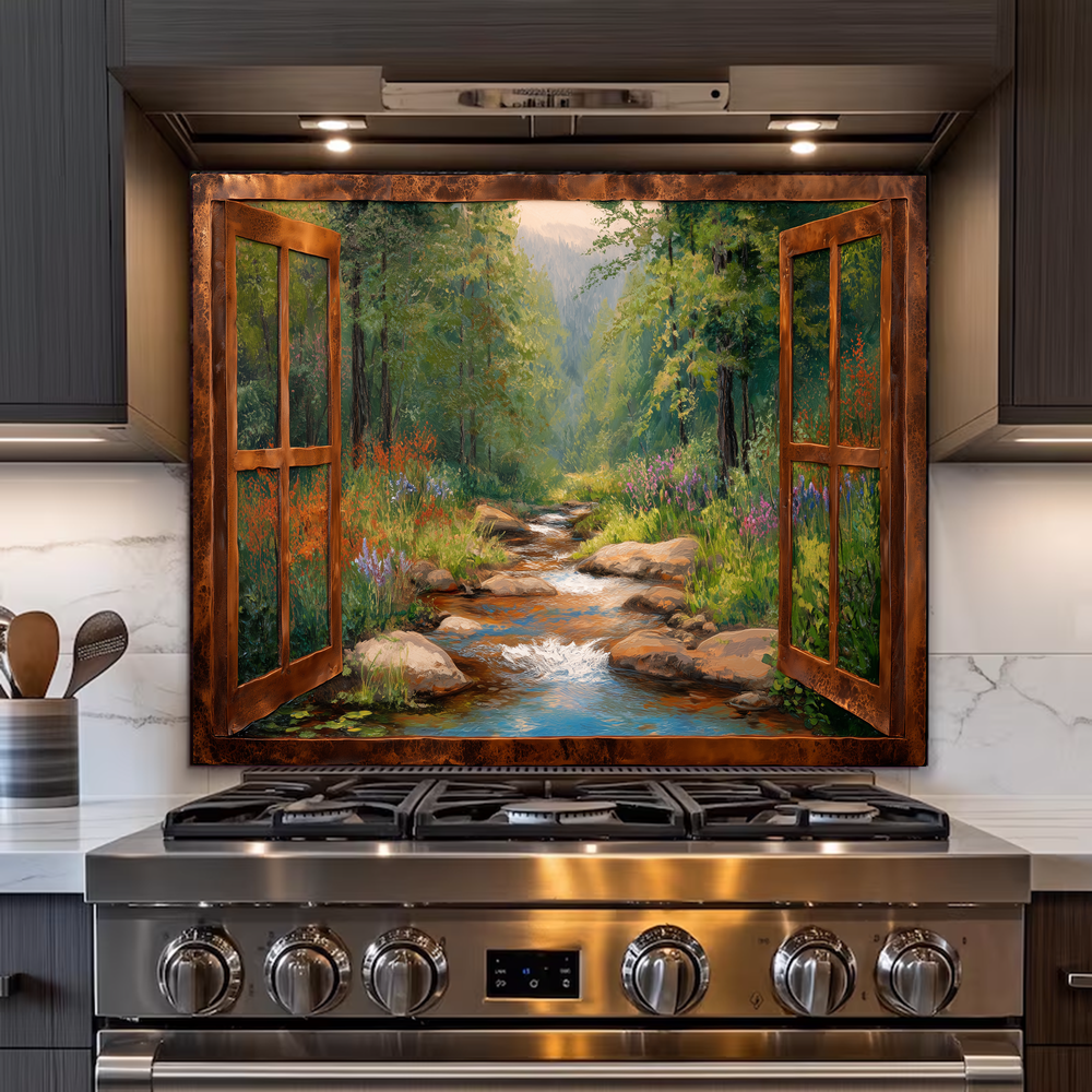 Nature View Glass Backsplash Panel, Scenic Landscape Tempered Glass Wall Art, Serene Kitchen Decor, Window Style Nature Scene, Home Accent
