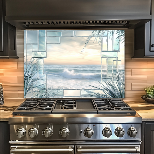 Ocean Landscape Scene Printed Tempered Glass Kitchen Backsplash Splashback Decorative Wall Art Panel for Modern Coastal Home Decor