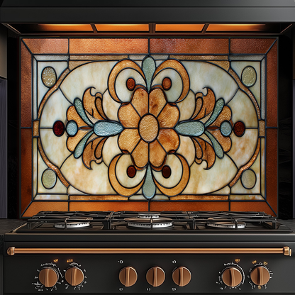Floral Stained Look Glass Style Backsplash Panel, Tempered Glass Wall Art, Timeless Color Design, Elegant Kitchen Decor, Stove Protector