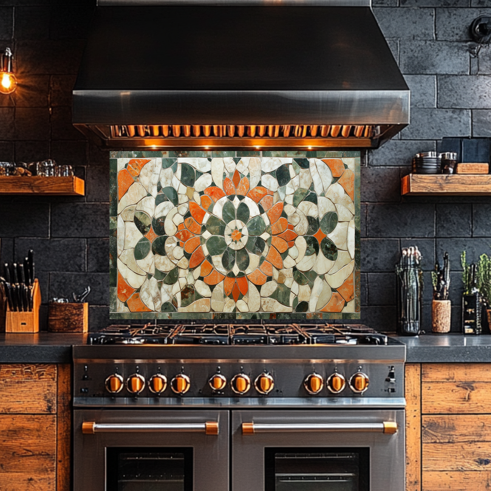 American Made Floral Mosaic Look Glass Backsplash Behind Stove – Rustic Farmhouse Kitchen Backsplash Tile, Flower Leaf Splashback