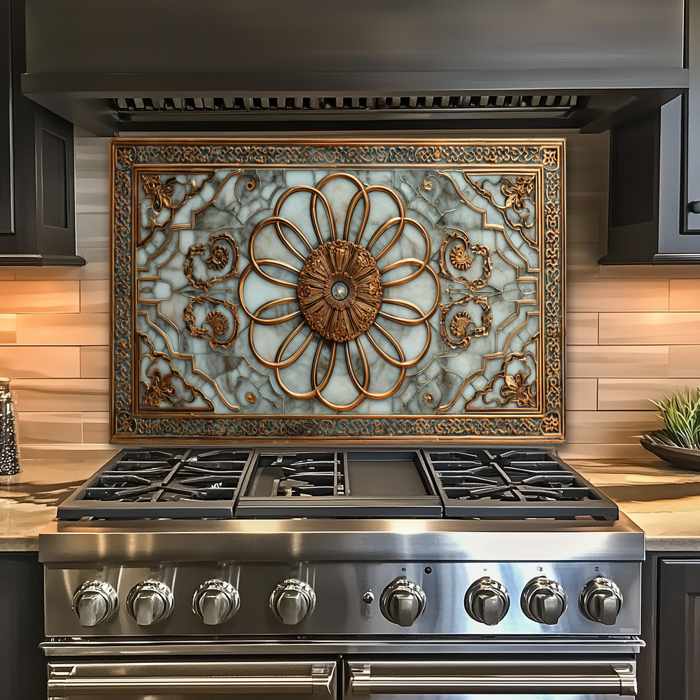 Copper Look Ottoman Tile Pattern Printed Tempered Glass Kitchen Backsplash Decorative Wall Panel for Stove Behind and Interior Decor