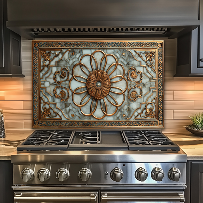 Copper Look Ottoman Tile Pattern Printed Tempered Glass Kitchen Backsplash Decorative Wall Panel for Stove Behind and Interior Decor