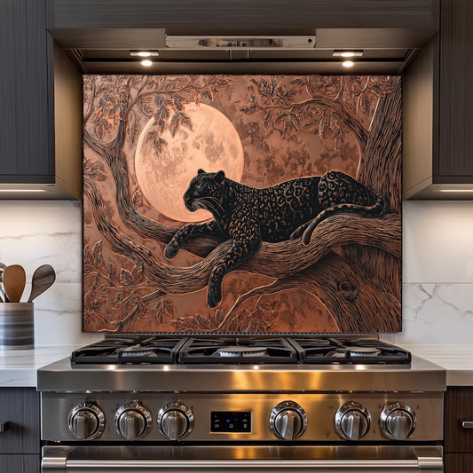 Copper Leopard Nature Glass Backsplash Panel, Tempered Glass Wall Art, Wild Jungle Rustic Kitchen Decor, Animal Print Stove Protector