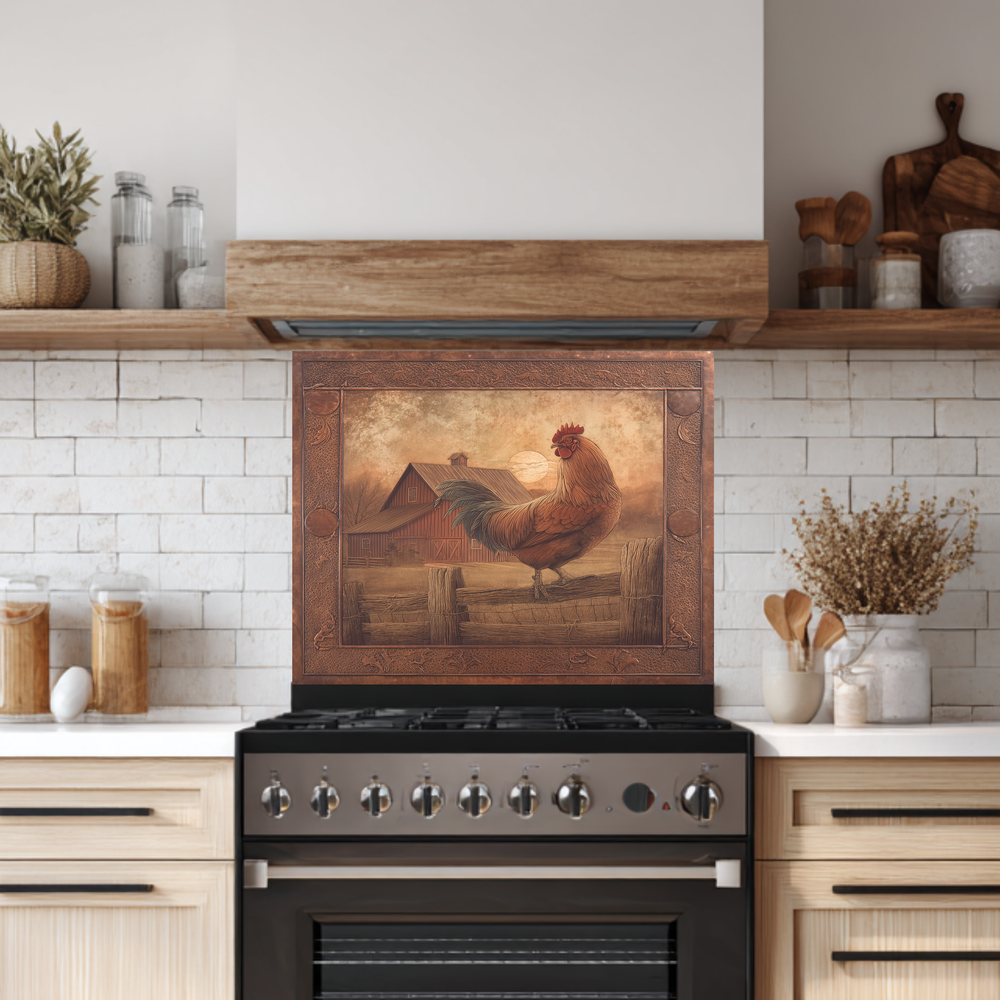 Copper Embossed Look Mediterranean Rooster Glass Backsplash • Rustic Kitchen Panel • Artistic Farmhouse Tile Design • Traditional Wall Piece