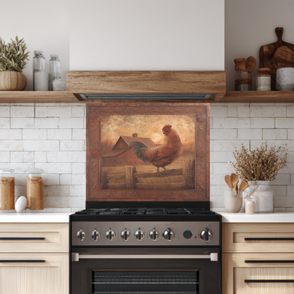 Copper Embossed Look Mediterranean Rooster Glass Backsplash • Rustic Kitchen Panel • Artistic Farmhouse Tile Design • Traditional Wall Piece