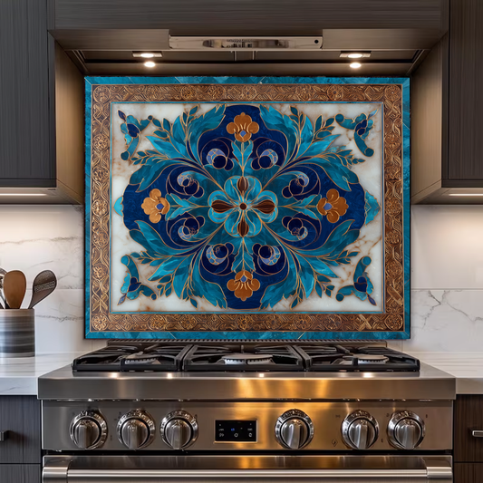 Blue Traditional Glass Backsplash Panel for Kitchen, Tempered Glass Wall Art, Classic Tile Pattern Decor
