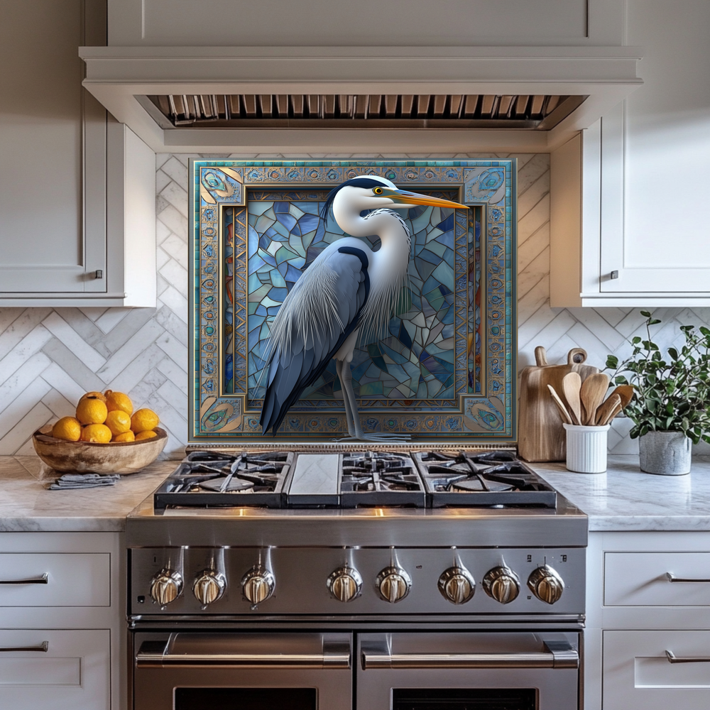 Blue Heron Glass Backsplash, Tempered Glass Wall Art Panel, Coastal Bird Kitchen Backsplash, Modern Wildlife Glass Splashback Decor