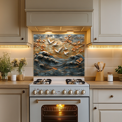 Waves and Pigeons Prints One Piece Tempered Glass Kitchen Splashback For Stove Behind, Kitchen Backsplash, Wall Art