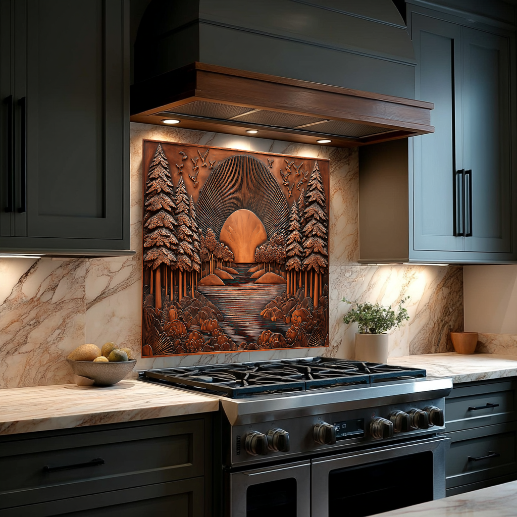 Landscape Design in Copper Look Printed Tempered Glass Kitchen Backsplash Splashback Wall Art Panel