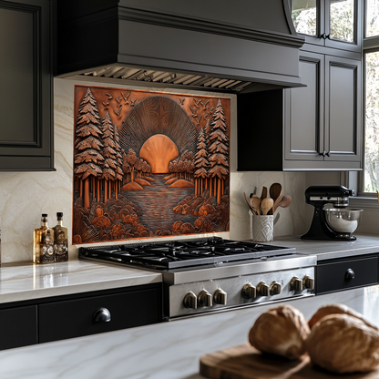 Landscape Design in Copper Look Printed Tempered Glass Kitchen Backsplash Splashback Wall Art Panel