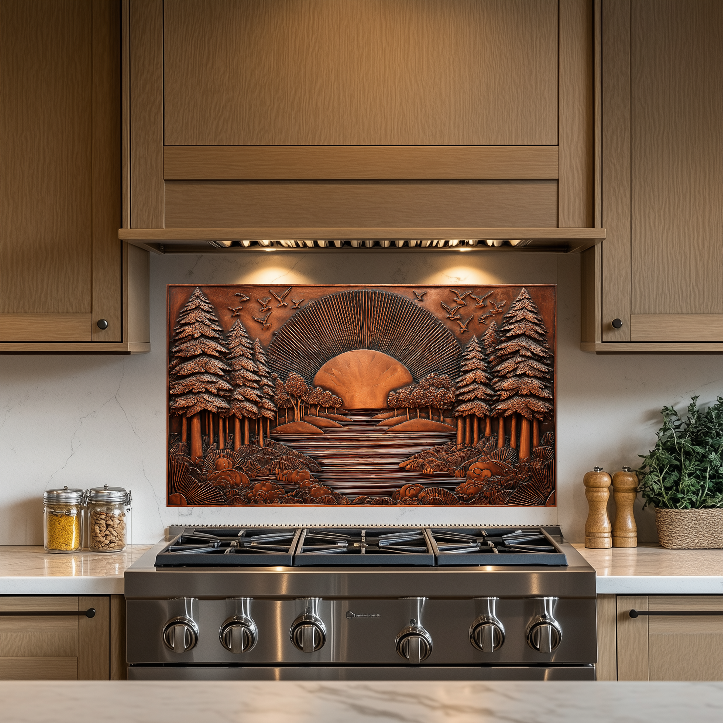 Landscape Design in Copper Look Printed Tempered Glass Kitchen Backsplash Splashback Wall Art Panel
