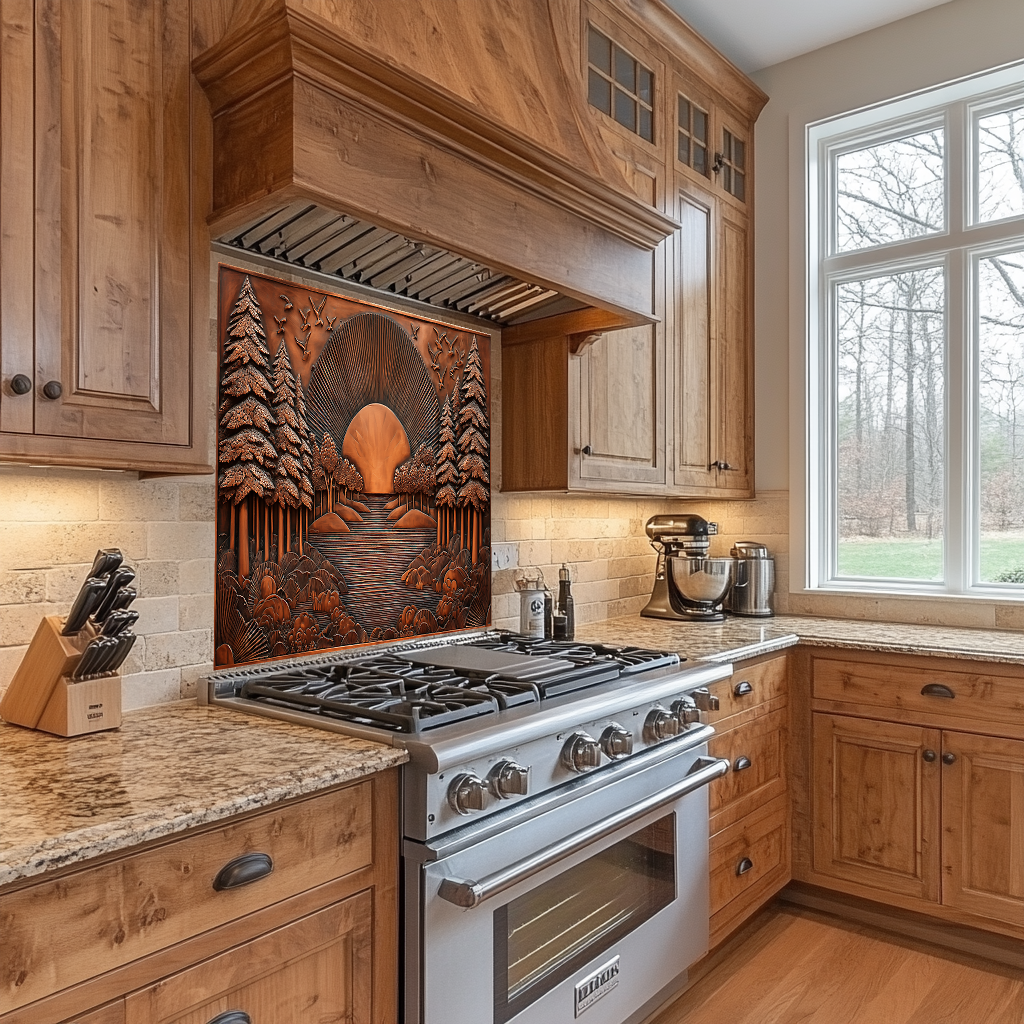 Landscape Design in Copper Look Printed Tempered Glass Kitchen Backsplash Splashback Wall Art Panel