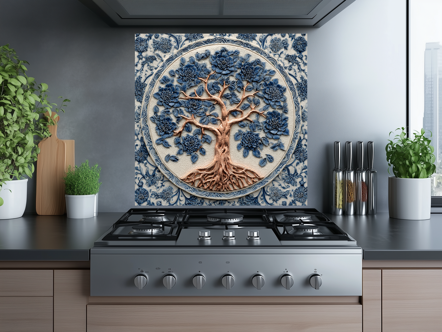 Delft Blue Tree of Life Kitchen Glass Backsplash • Stove Behind Cover • Nature Inspired Kitchen Splashback Panel • Colorful Home Decor