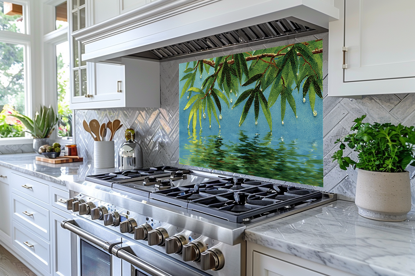 Glass Mosaic Nature Design Printed Tempered Glass Panel for Kitchen Backsplash Splashback and Bathroom Wall Art Decorative Home Interior