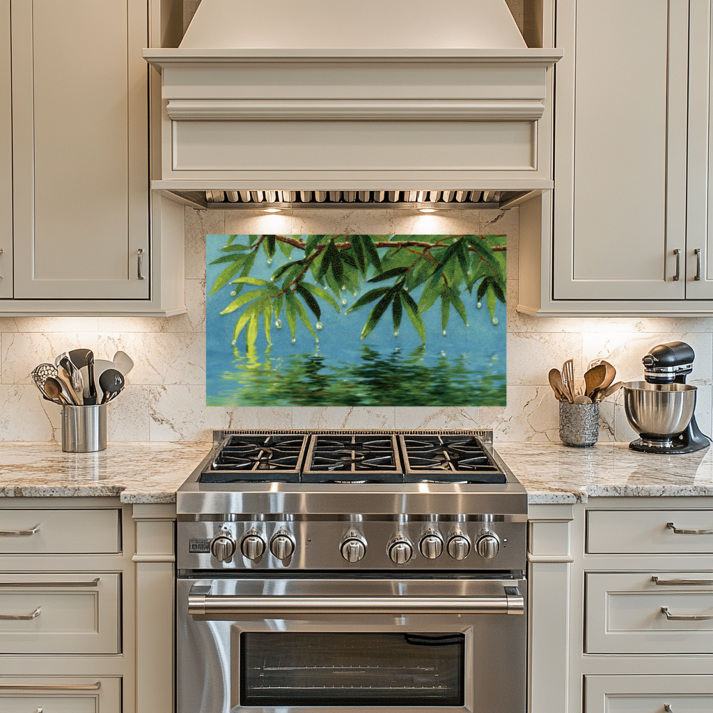 Glass Mosaic Nature Design Printed Tempered Glass Panel for Kitchen Backsplash Splashback and Bathroom Wall Art Decorative Home Interior