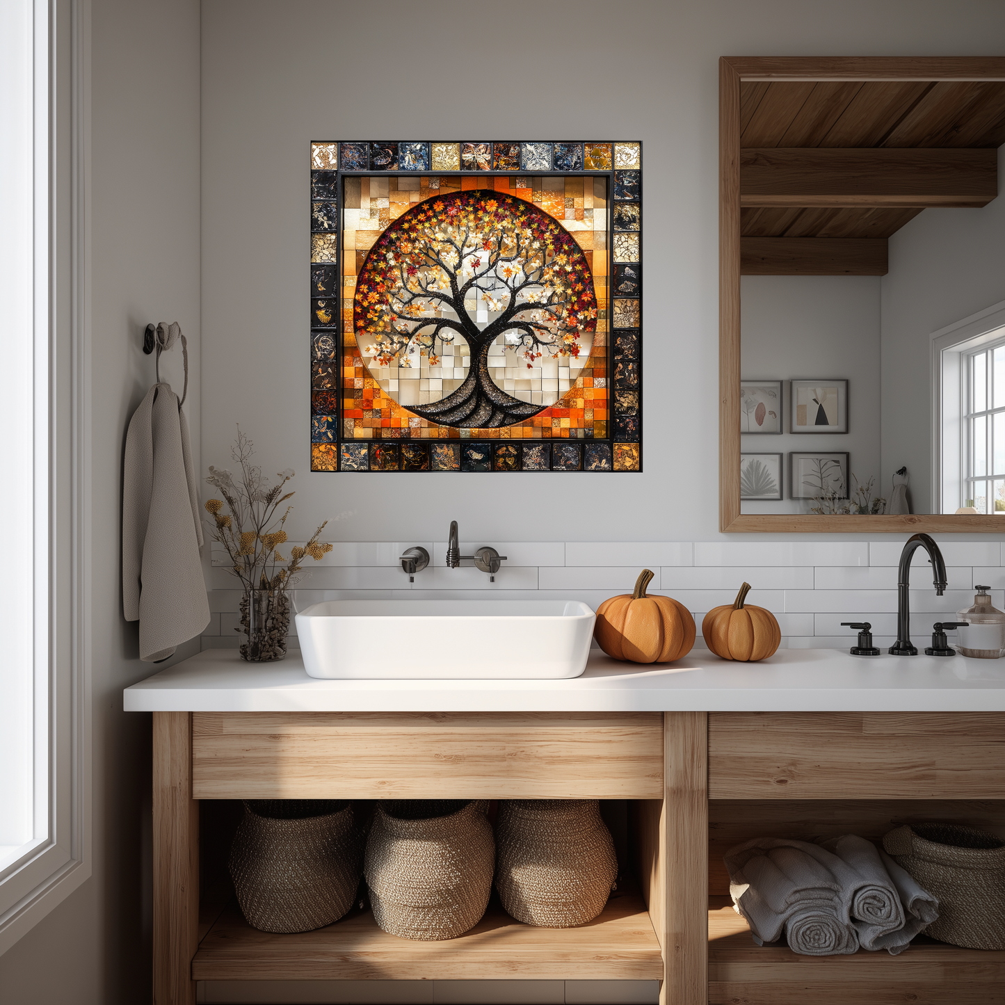 Stunning Life of Tree Mosaic Look One Piece Tempered Glass Kitchen Backsplash for Stove Behind, Kitchen Splashback, Glass Wall Art
