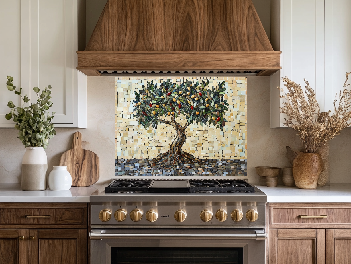 Mosaic Look Olive Tree One Piece Tempered Glass Kitchen Splashback For Stove Behind, Kitchen Backsplash, Wall Art