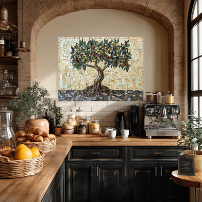 Mosaic Look Olive Tree One Piece Tempered Glass Kitchen Splashback For Stove Behind, Kitchen Backsplash, Wall Art