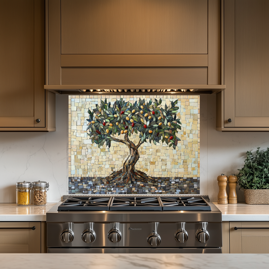 Mosaic Look Olive Tree One Piece Tempered Glass Kitchen Splashback For Stove Behind, Kitchen Backsplash, Wall Art
