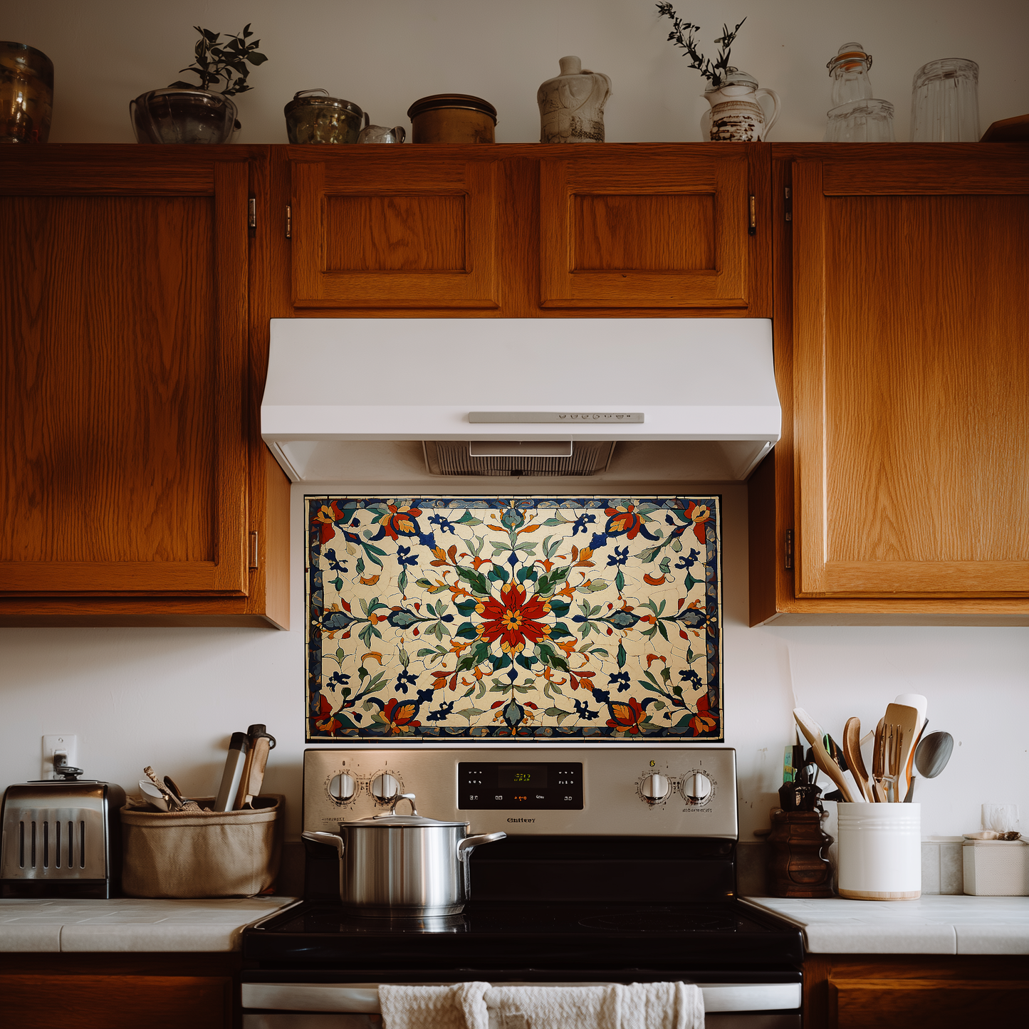 Red Ottoman Patterns One Piece Tempered Glass Kitchen Splashback For Stove Behind, Kitchen Backsplash, Kitchen Backsplash, Wall Art