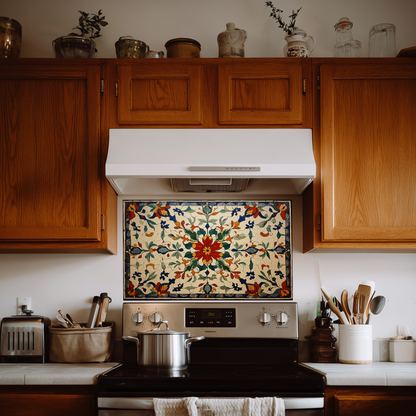 Red Ottoman Patterns One Piece Tempered Glass Kitchen Splashback For Stove Behind, Kitchen Backsplash, Kitchen Backsplash, Wall Art