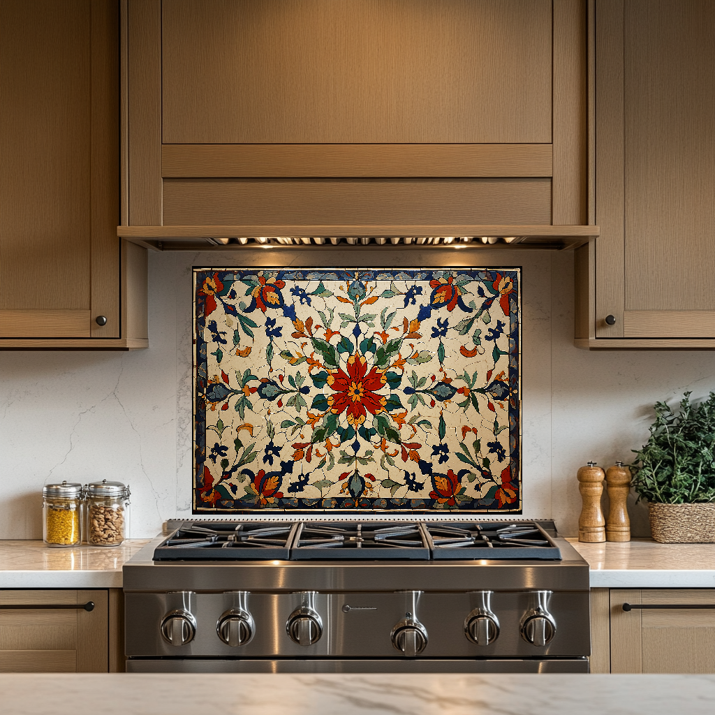 Red Ottoman Patterns One Piece Tempered Glass Kitchen Splashback For Stove Behind, Kitchen Backsplash, Kitchen Backsplash, Wall Art